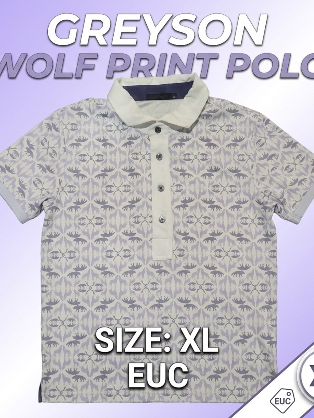 Greyson Wolf Print Polo Shirt Men's XL Lavender White EUC
